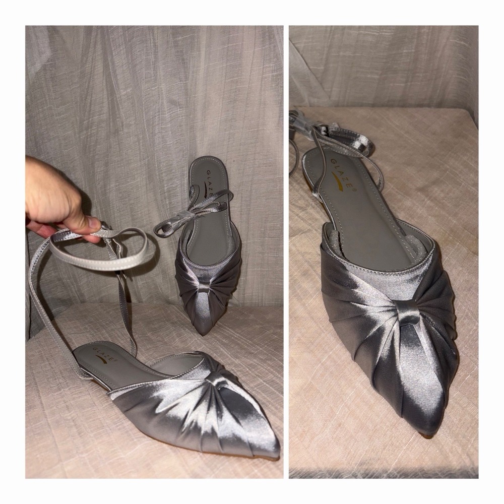 Glaze Silver Satin Flats 8.5 Formal Pointed Toe Bows Ankle Straps  Neverworn